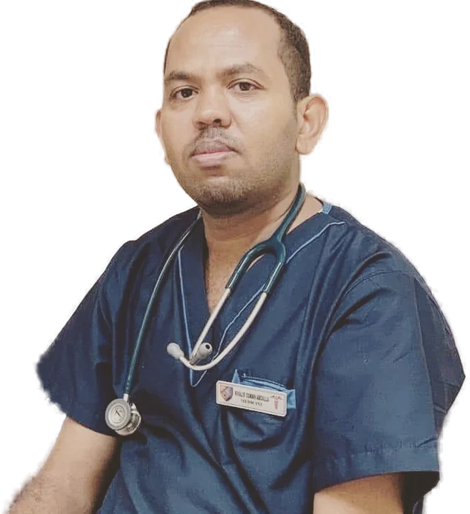 Dr Khalid Seidi in scrubs with a stethoscope